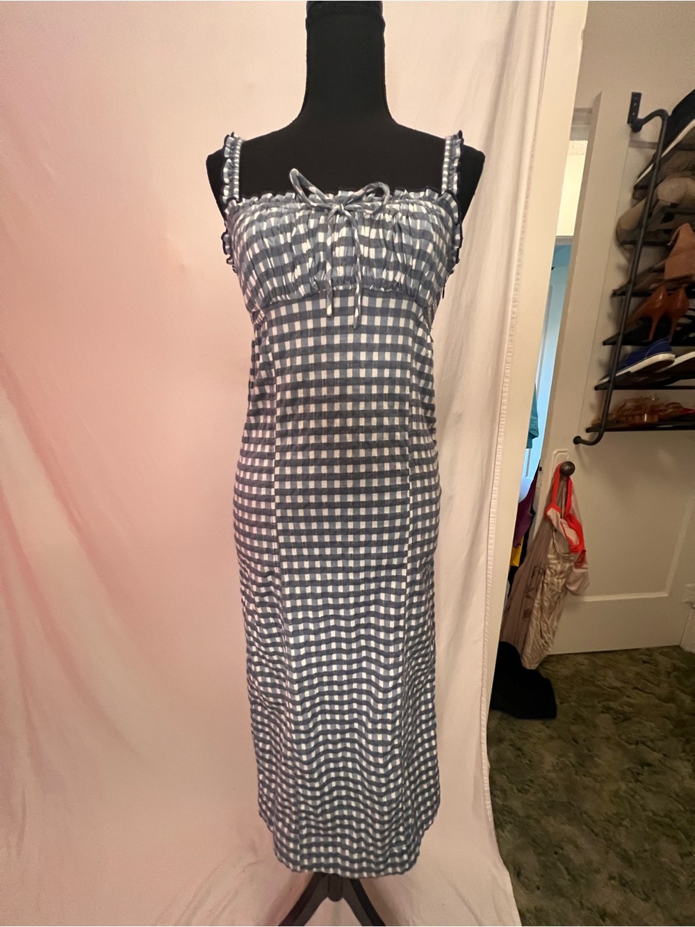 Free People Blue Gingham Smocked Midi Dress